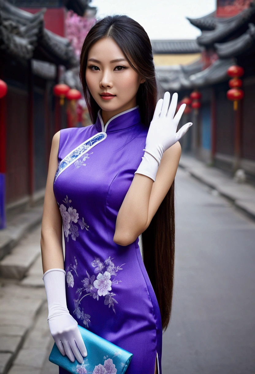 Beautiful Chinese woman with long straight hair wearing white gloves and a blue-purple cheongsam against a street background, photorealistic, in the style of high-definition photography, with a perfect figure body shape, showing beautiful face details, in high definition, high resolution, high detail, high quality --ar 1:2 --stylize 750