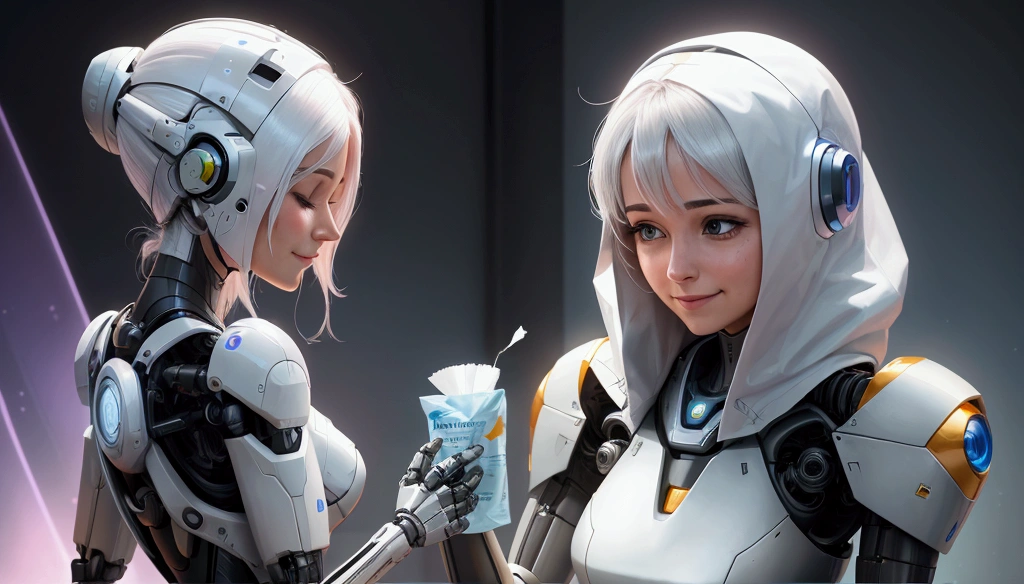 Robot arm, gives a tissue to a woman who has a cold . The woman smiles gratefully