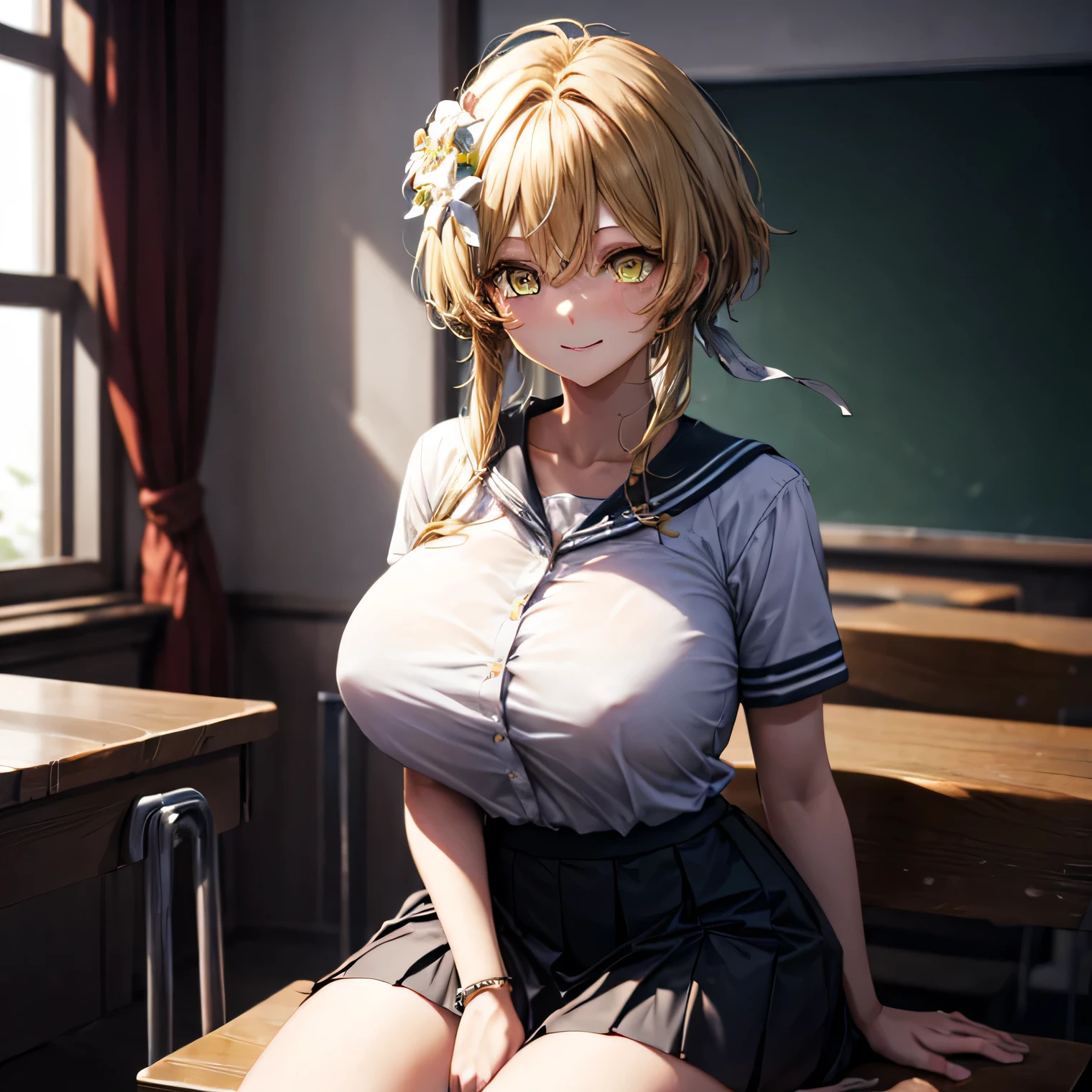 smile, Lumine, genshin impact, (blonde, Short hair, messy hair, white flower hair jewelry, detailed yellow eyes:1.4), (short hair:1.3) BREAK black footwear, black skirt, gray sailor collar, pleated skirt, sailor collar , shoes, short sleeves, shuka high , skirt, BREAK indoors, classroom, BREAK looking at viewer, (portrait:1.5), BREAK (masterpiece:1.2), best quality, high resolution, unity 8k wallpaper, (illustration:0.8), (beautiful detailed eyes:1.6), extremely detailed face, perfect lighting, extremely detailed CG, (perfect hands, perfect anatomy), (super gigantic :1.2)