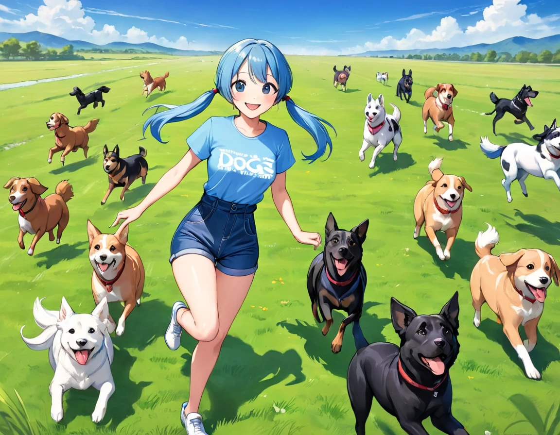 Light blue long hair、beautiful girl with twin tails、T-shirt and denim jumpsuit、Bright smile、Lots of dogs、Lots of dogs、blue sky、Lots of dogs、Horses galloping across the grassland