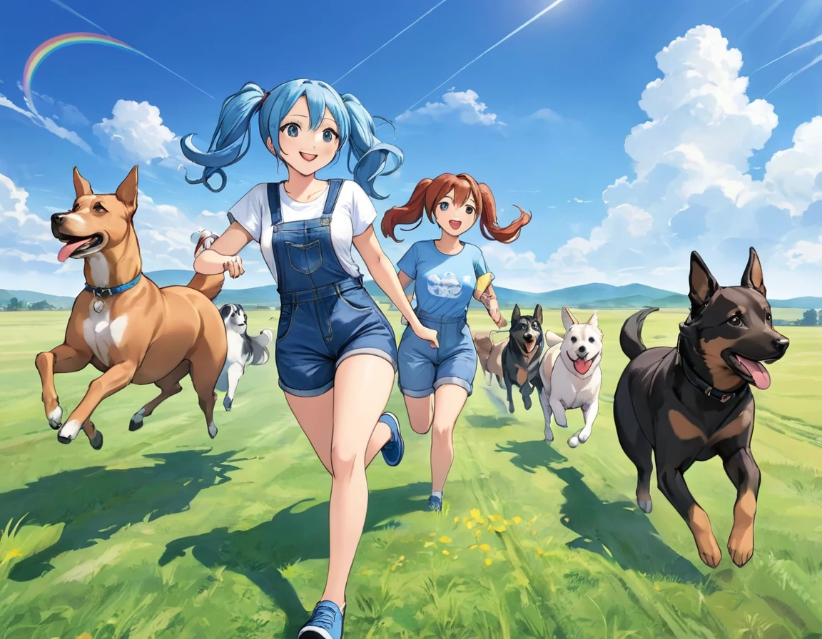 Light blue long hair、beautiful girl with twin tails、T-shirt and denim jumpsuit、Bright smile、Lots of dogs、Lots of dogs、blue sky、Lots of dogs、Horses galloping across the grassland