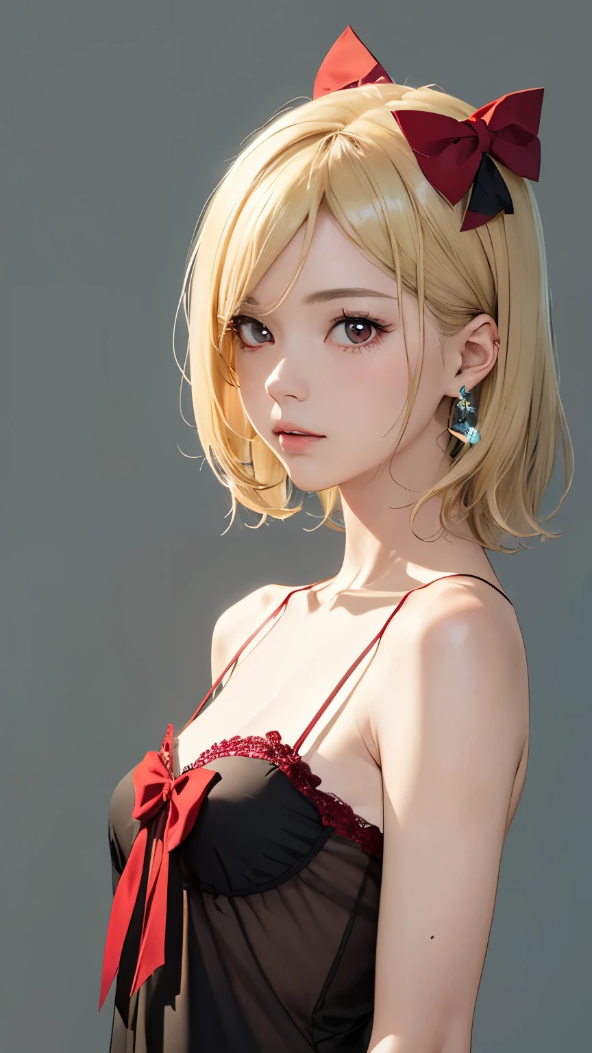 1 girl,Beautifully detailed face:1.3、Face close-up:1.6、The whole face fits in the frame:1.6、((She wears a big red bow in her hair like a French doll.....:1.6))、 ((Small breasts:1.7))、(A sheer camisole with a loose fit around the chest:1.7), ((I&#39;looking forward to it:1.6))、Pink Eyeshadow:1.6、((Looking into the camera:1.3))、Very beautiful Japanese idol portraits, 
(RAW Photos, Highest quality), (Realistic, Realistic:1.4), (masterpiece), 
Very delicate and beautiful, Very detailed, 2k wallpaper, wonderful, finely, Very detailed CG Unity 8K 壁紙, Very detailed, High resolution, Soft Light, 
Beautiful detailed girl, Very detailed目と顔, Beautiful and sophisticated nose, Big beautiful eyes, Cinema Lighting, 
(Simple and solid background:1.3),
(Blonde medium hair:1.5), (Parted bangs), 
Complete Anatomy, Slender body,とてもSmall breasts, Sensual look