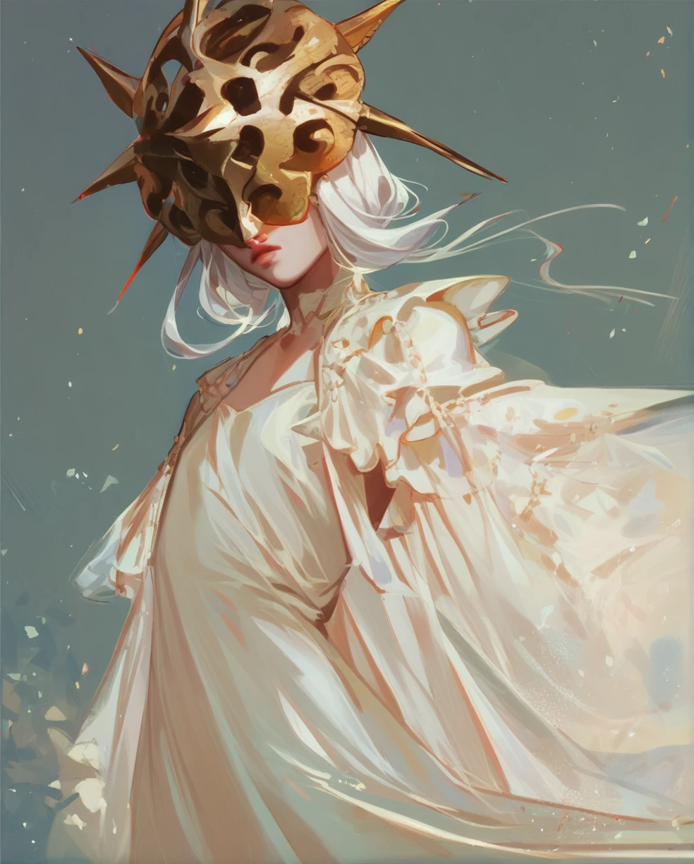 gwyndolin, flat chest, white hair, golden mask over eyes, flowing dress, masterwork