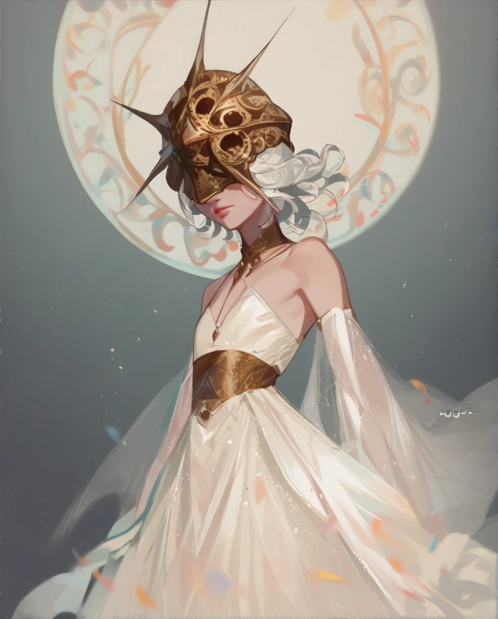 gwyndolin, flat chest, white hair, golden mask over eyes, flowing dress, masterwork