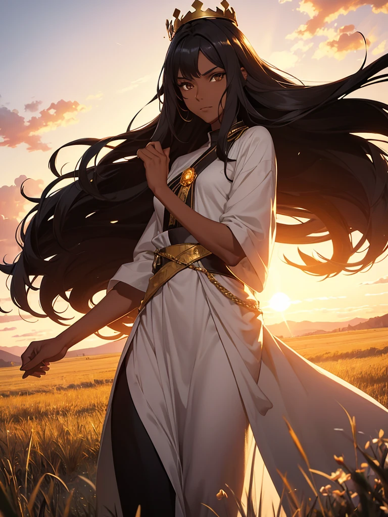 a thin man, black fur, Brown eyes, tanned skin, wearing a white tunic and a golden crown. On a meadow during sunset