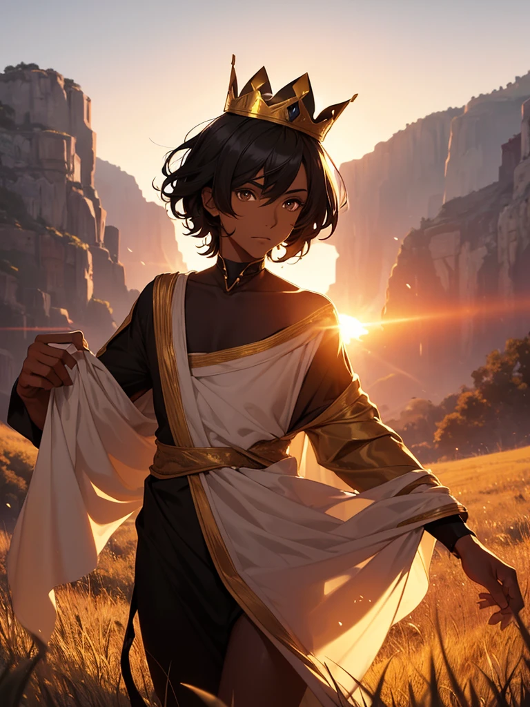 a thin man, black fur, Brown eyes, tanned skin, wearing a white tunic and a golden crown. On a meadow during sunset