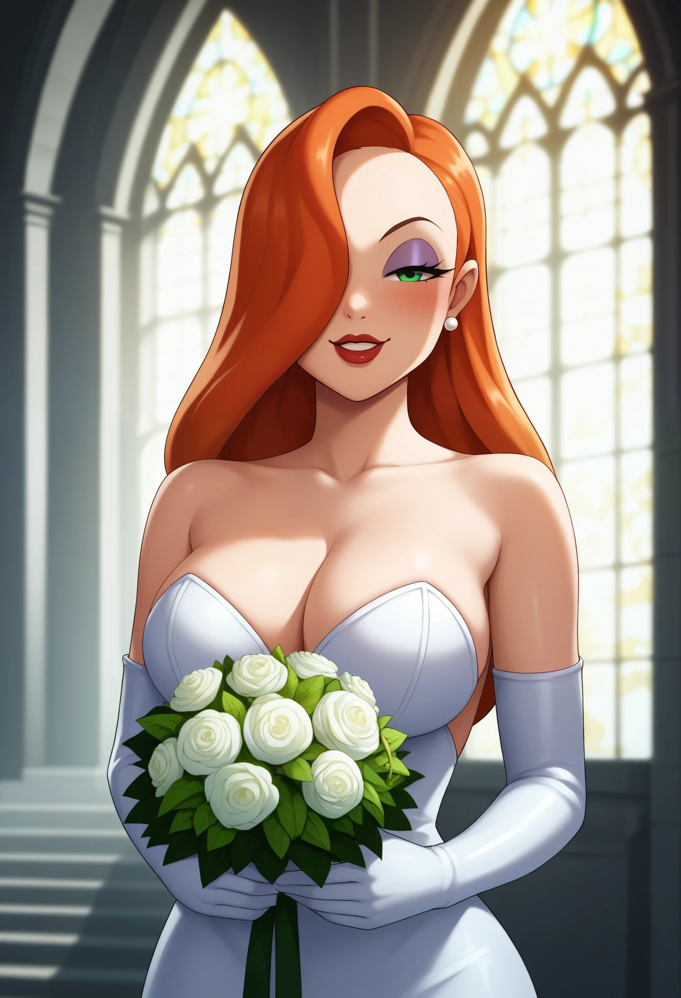 Jessica Rabbit, (front view), green eyes, long orange hair, (wearing a white wedding dress with a side cut), cleavage, (white seeve gloves), sexy curves, big head, (solo), (standing), (holding a bouquet of flowers), (smiling), (blushing), (seductive expression), (seductive pose), (church background)