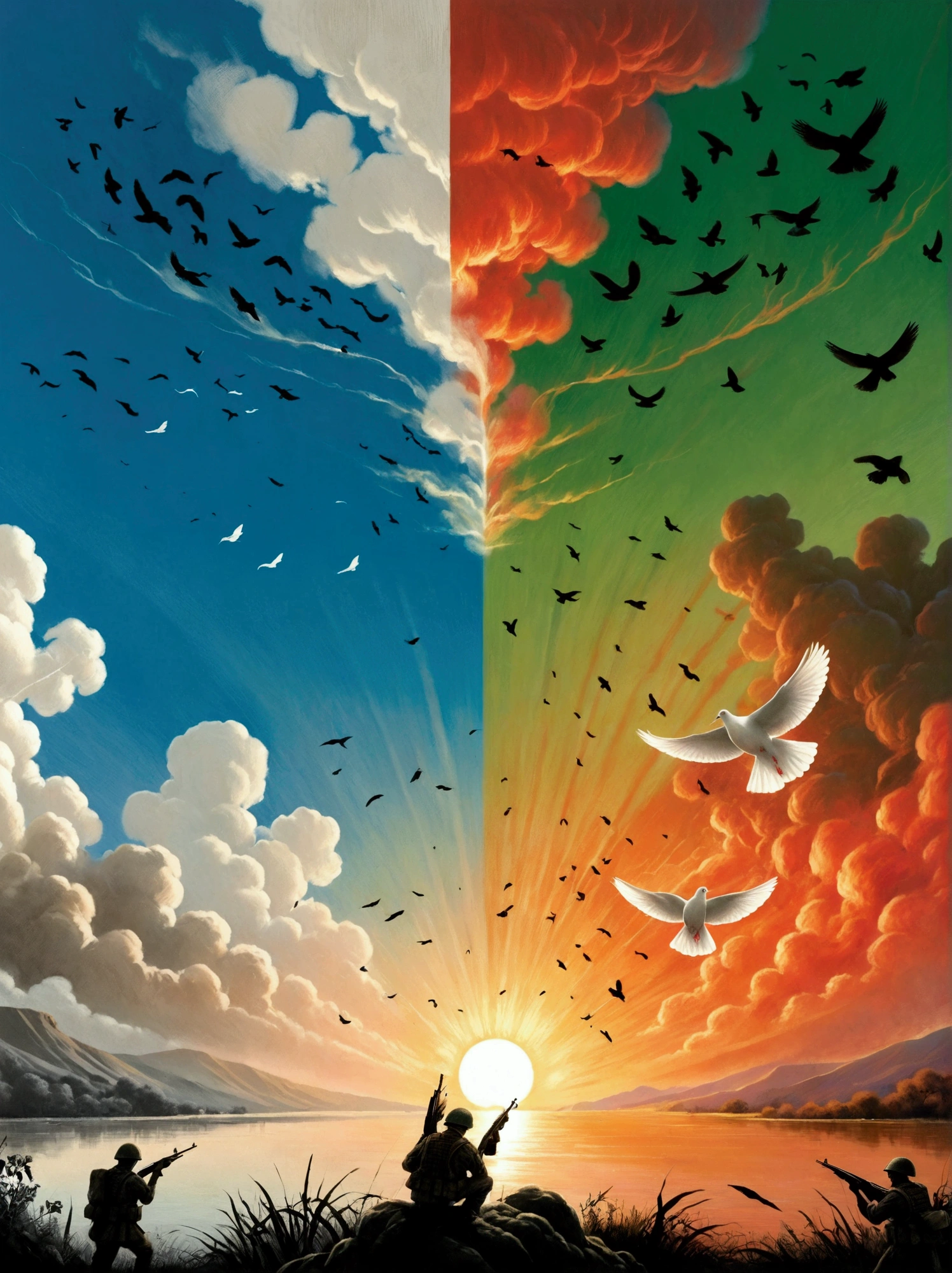 A balanced composition split into two halves, representing peace and war. On the left, illustrating peace: a calm, serene setting with doves flying against a clear blue sky. The backdrop contains lush green meadows and a pristine river flowing gently. On the right, illustrating war: the atmosphere is drastically different with a tumultuous, fiery landscape. There are silhouettes of soldiers with their weapons in the background, under a sky filled with smoke and distant explosions. Please render this in a realistic style.
