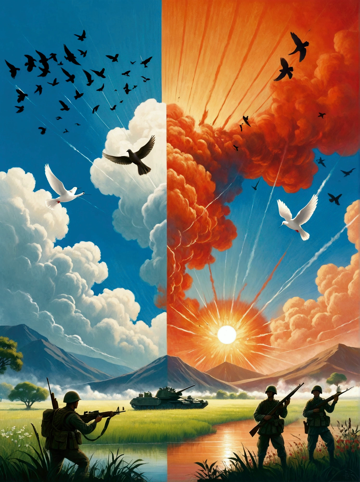 A balanced composition split into two halves, representing peace and war. On the left, illustrating peace: a calm, serene setting with doves flying against a clear blue sky. The backdrop contains lush green meadows and a pristine river flowing gently. On the right, illustrating war: the atmosphere is drastically different with a tumultuous, fiery landscape. There are silhouettes of soldiers with their weapons in the background, under a sky filled with smoke and distant explosions. Please render this in a realistic style.