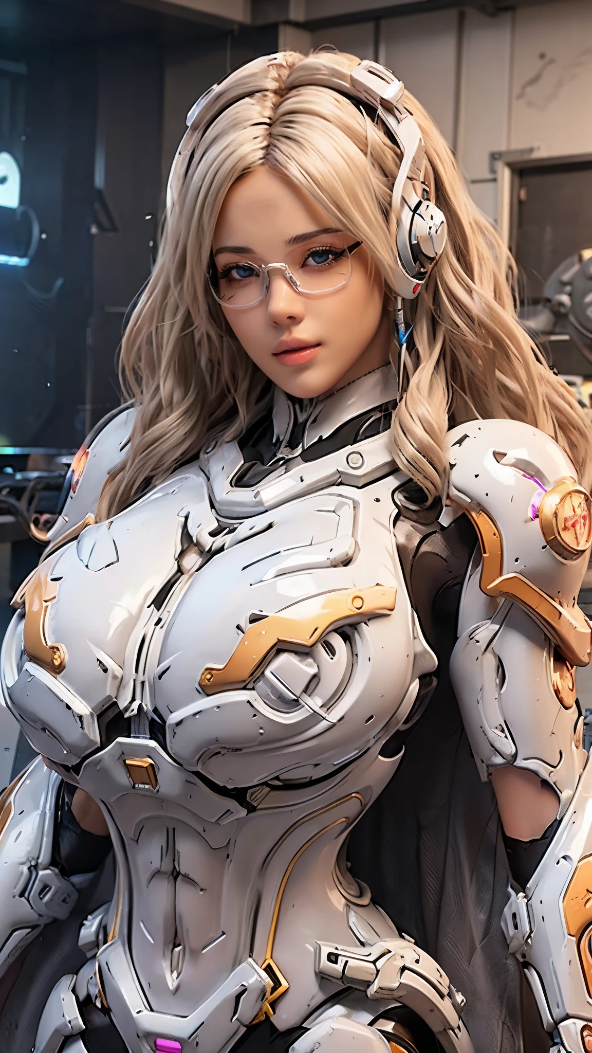 Cosplayer_Queen, CLOSE UP UPPER BODY,solo, COWBOY SHOT, ((E-SPORT HEADPHONE, CAUCASIAN BLONDE WAVY HAIR:1.4)), (GIGANTIC FAKE BREASTS,11 LINE ABS:1.5), (TIGHT FUTURISTIC MECHA BODYSUIT OVERWATCH, ROYAL LONG CAPE:1.5), (MUSCULAR BODY SHAPE:1.5), (CLEAN GLOSSY BODYSKIN:1.5), (LOOKING AT VIEWER:1.6), (BACKGROUND FUTURISTIC SPACE STATION:1), (Photorealsitic:1.4), (Ultra-detail), (TOP-QUALITY), (BEST SHADOWS), BRIGHT LIGHT IN ROOM, HYPER TEXTURE, (4X MSAA), ((UNREAL ENGINE 5 RENDER)), (NEON), PHYSICALLY-BASED RENDERING, ULTRA HIGHT DEFINITION, 16K, 1080P.