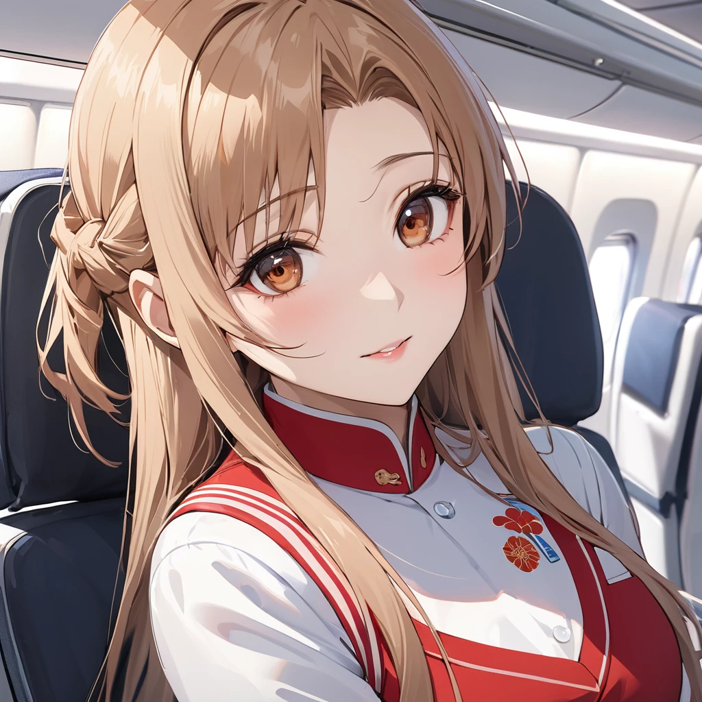 ((Highest quality)), ((masterpiece)), (detailed), (Perfect Face)、The woman is a Chinese flight attendant for Air China, named Yuuki Asuna, with light brown, medium-long hair.、The woman is wearing the red uniform of an Air China flight attendant.