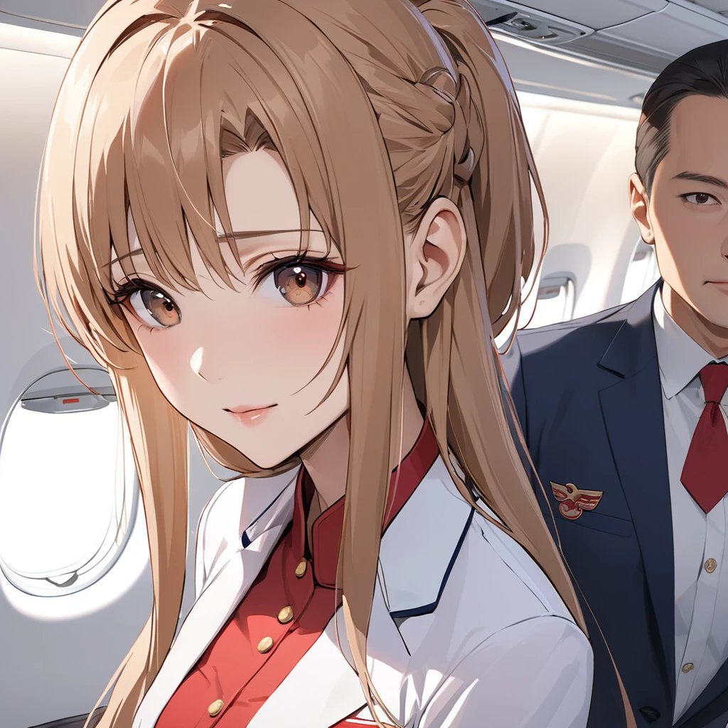 ((Highest quality)), ((masterpiece)), (detailed), (Perfect Face)、The woman is a Chinese flight attendant for Air China, named Yuuki Asuna, with light brown, medium-long hair.、The woman is wearing the red uniform of an Air China flight attendant.