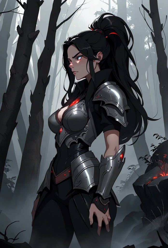 Masterpiece, highest quality, ultra detailed, conceptual art, illustration, digital art, solo, young hidden in the forest, surrounded by black smoke and ash (angry expression), long black hair, red irises, black armor with silver accents, incredibly beautiful, beautiful eyes, dynamic pose, ready for battle stance, elegant pose, fire, red volcanic ash, black volumetric dense smoke, obsidian theme, HDR, bloom, moody, dimming of illumination, lit from the background, cinematic lighting, soft lighting, natural lighting, dramatic lighting, dark and mysterious, intricate, very detailed, trending on ArtStation, league of legends splashart