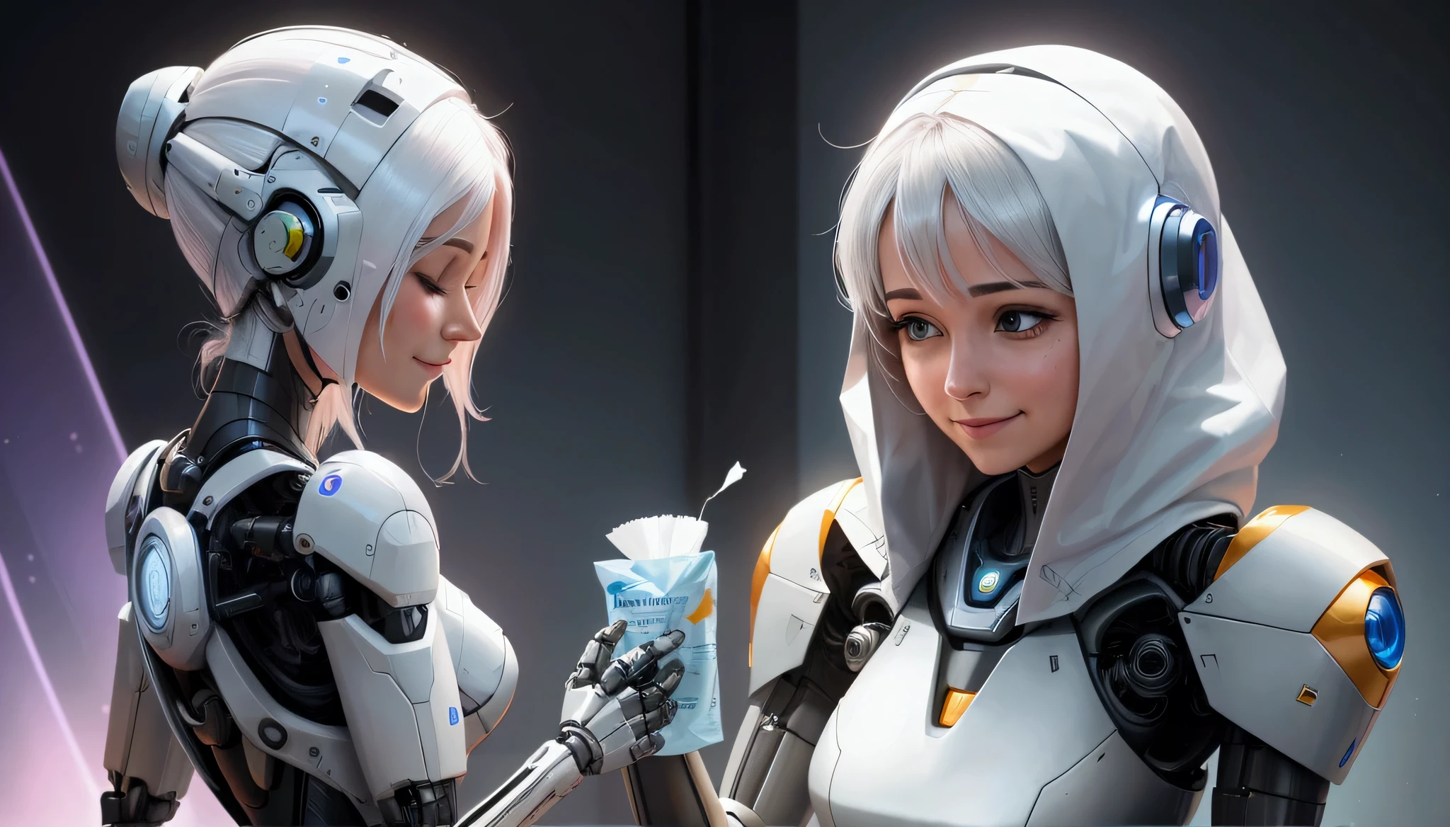 Robot arm, gives a tissue to a woman who has a cold . The woman smiles gratefully