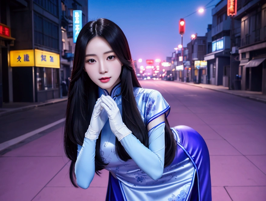 Beautiful Chinese woman with long straight hair wearing white gloves and a blue-purple cheongsam against a street background, photorealistic, in the style of high-definition photography, with a perfect figure body shape, showing beautiful face details, in high definition, high resolution, high detail, high quality --ar 1:2 --stylize 750
