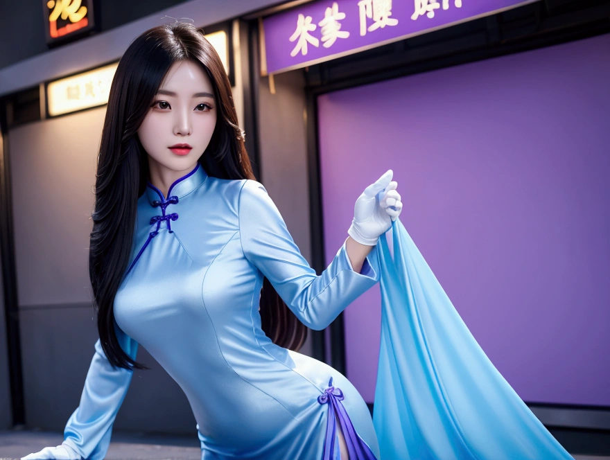 Beautiful Chinese woman with long straight hair wearing white gloves and a blue-purple cheongsam against a street background, photorealistic, in the style of high-definition photography, with a perfect figure body shape, showing beautiful face details, in high definition, high resolution, high detail, high quality --ar 1:2 --stylize 750