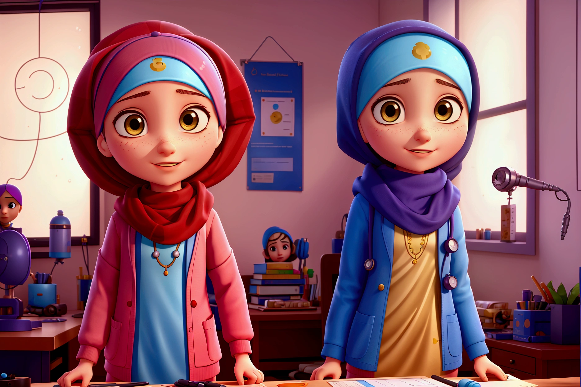 young beautiful girl with hijaba a doctor office, pixar still