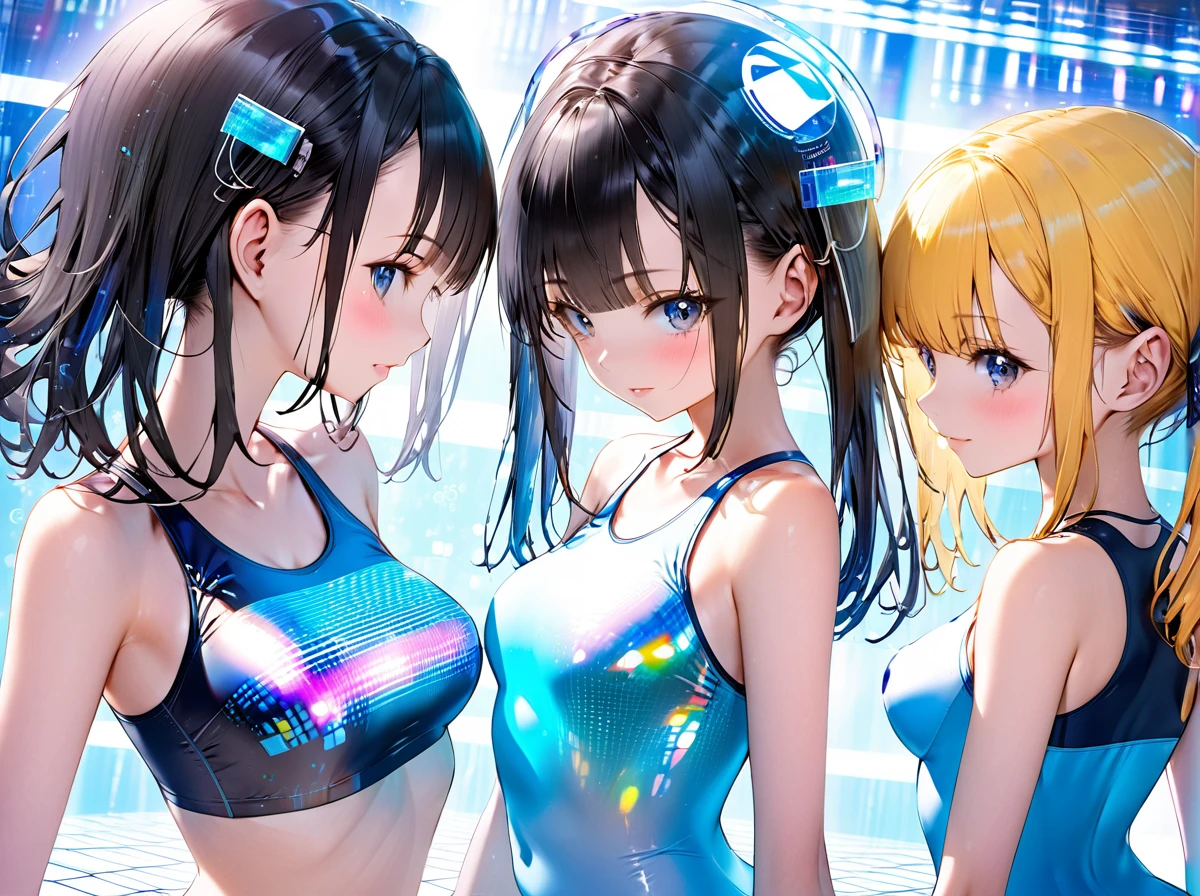 School swimsuit 3girls, cyber world, hologram, School swimsuit, cyber world, Hologram, SF, gleaming, glamourous