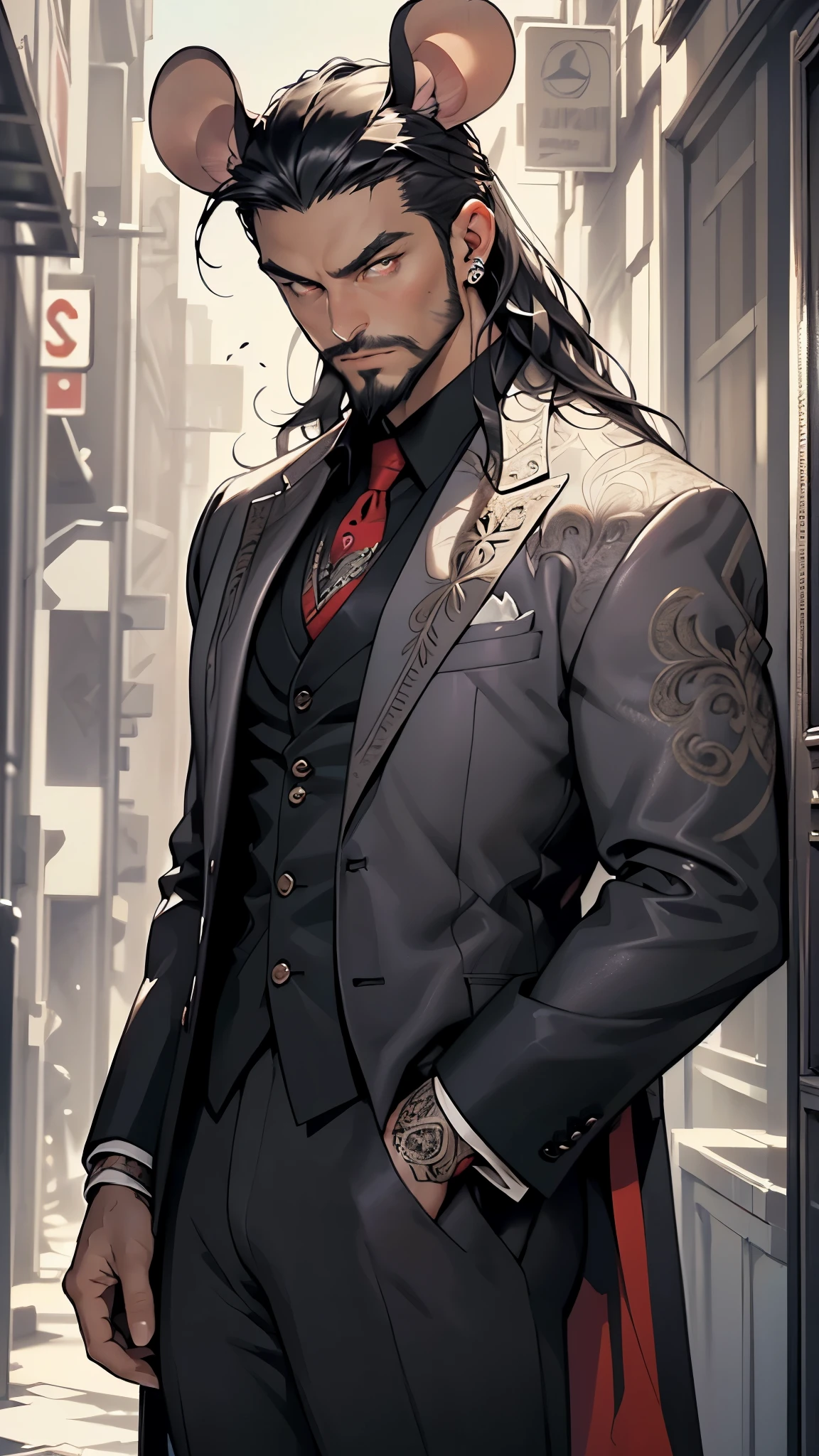 ((man with mouse ears)),(man:1.5),1 man,mafia boss man,(((1man))),((man with black hair)),((((mouse ears,mouse ears on head,big mouse ears)))),

55 years old, male character, black hair, ((slightly long hair:1.3)), ((full beard:1.3,black beard)), serious face,demon king,muscular body,heavy muscular body,((mafia boss)),((tall statue)),

(((1male,male,male gender:1.5,male focus))),macho man,villain,evil villain,

(((lustrous skin:1.5,tanned skin,bright skin: 1.5,skin tanned,shiny skin,very shiny skin,shiny body,illuminated skin))),(((red_eyes:1.2))),intricate eyes,beautiful detailed eyes,symmetrical eyes,((man chest)),((muscular)),male jaw,(((detailed face))),

manly,nsfw,

((small crown)),cyberpunk mafia boss, ((mafia boss suit:1.5)), futuristic mafia boss,((bulge in pants)),((black suit:1.2)),(elegant suit),((intricate outfit,intricate clothes,embroidered outfit,ornate outfit,embroidered clothes,ornate clothes,silver embroidery)),

(dynamic pose:1.0),solo focus,((smug)),(centered,scale to fit dimensions,Rule of thirds),

inside,indoor,((palace in Russia, palace in Russia background)),scenery:1.25,((intricate scenery)),

(Glossy Russian ornaments),highres,sharp focus,(ultra detailed,extremely detailed),(photorealistic artwork:1.37),(extremely detailed CG unity 8k wallpaper),(((vibrant colors,vibrant theme))),(intricate),(masterpiece),(best quality),artistic photography,(photography taken by sldr),(intricate background),perfect rendered face,perfect face details,realistic face,photo realistic,((intricate detail)),(((realism))),
