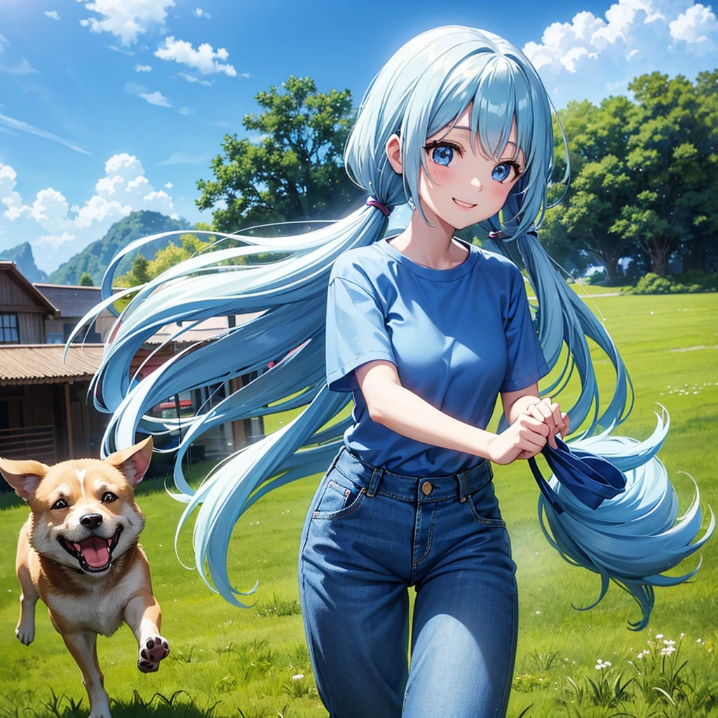 Light blue long hair、beautiful girl with twin tails、T-shirt and denim jumpsuit、Bright smile、Lots of dogs、Lots of dogs、blue sky、Lots of dogs、Dog running on the grass