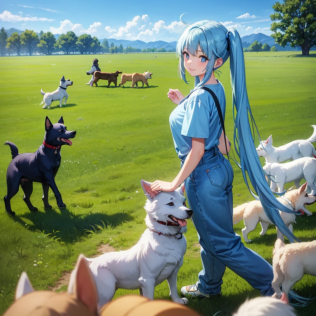 Light blue long hair、beautiful girl with twin tails、T-shirt and denim jumpsuit、Bright smile、Lots of dogs、Lots of dogs、blue sky、Lots of dogs、Dog running on the grass