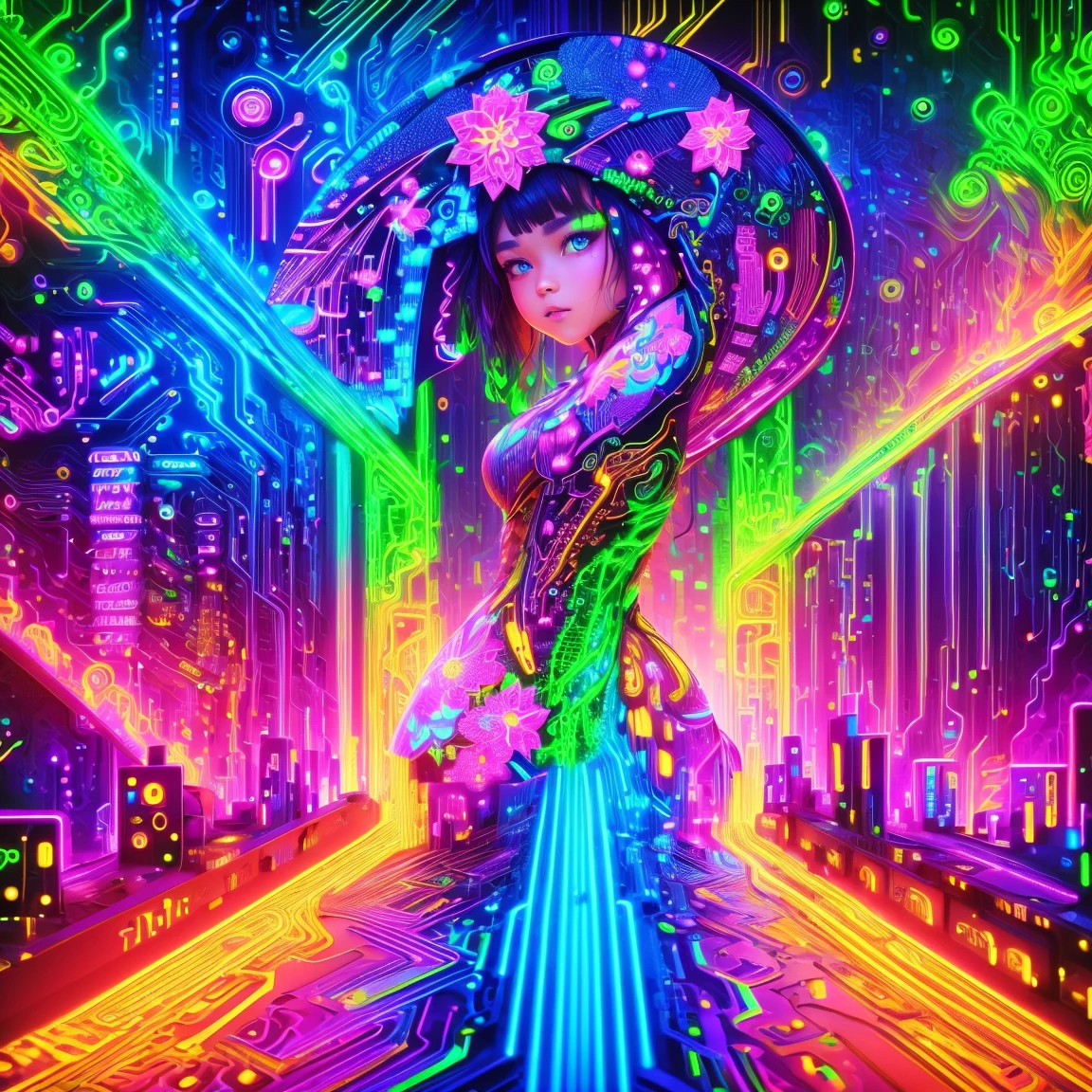 (Neon)，Circuit Board，(1 Girl:1.3)，Extremely detailed，(fractal art:1.2)，rich and colorful，The most detailed，(zentangle Neon:1.2)，(Dynamic poses)，(Neon geometric background:1.5)，(Traditional clothing:1.2)，(Glowing skin)，(Many colors:1.4)，Upper Body，(ultra HD, masterpiece, precise, Anatomically correct, textured skin, High Detail, high quality, The award-winning, 8k)