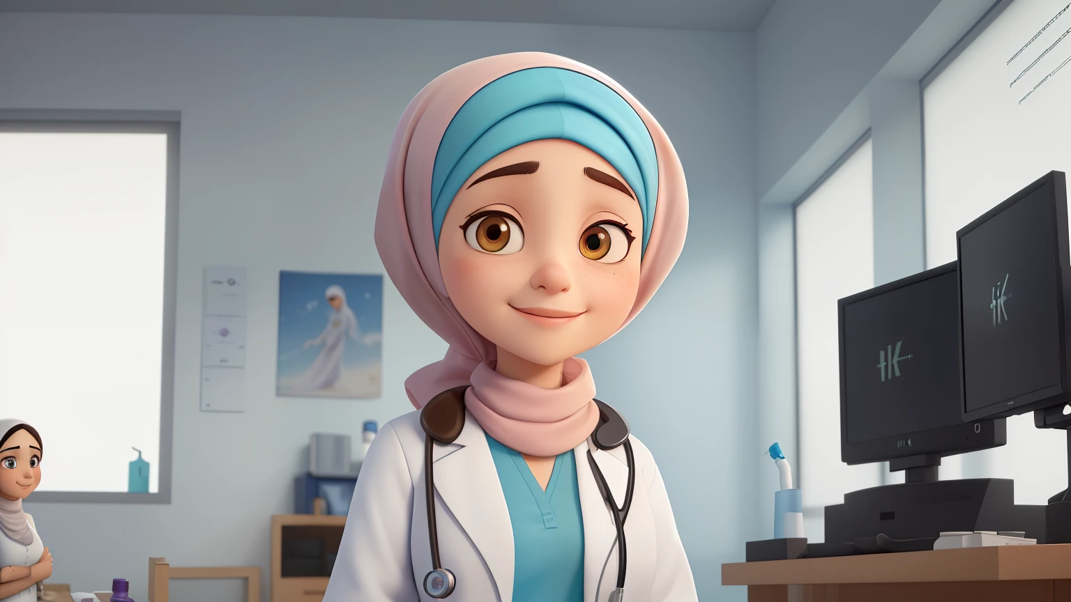 (Best quality,4K,8 k,High accuracy,Masterpiece:1.2),The doctor asks the girl at the doctor for treatment, smiling, wearing a hijab and a white Islamic dress, with a stethoscope on her neck. ,Vibrant colours,downy, Natural lighting,Exceptional clarity and precision in Pixar style