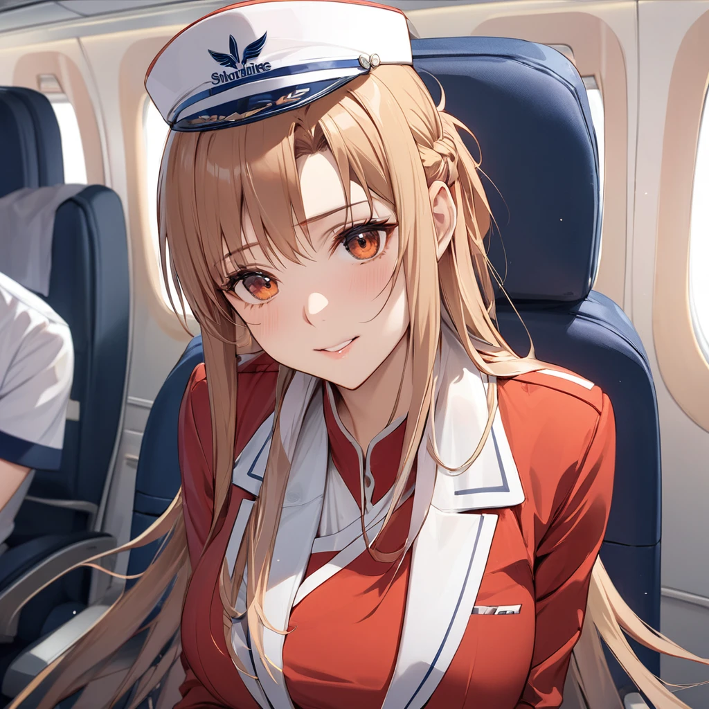 ((Highest quality)), ((masterpiece)), (detailed), (Perfect Face)、The woman is Yuuki Asuna, a flight attendant for Shandong Airlines, a Chinese woman with light brown, medium-long hair.、The woman is wearing a red Shandong Airlines flight attendant uniform, a uniform scarf and a uniform hat.、She is wearing the bright red uniform that is so typical of China.