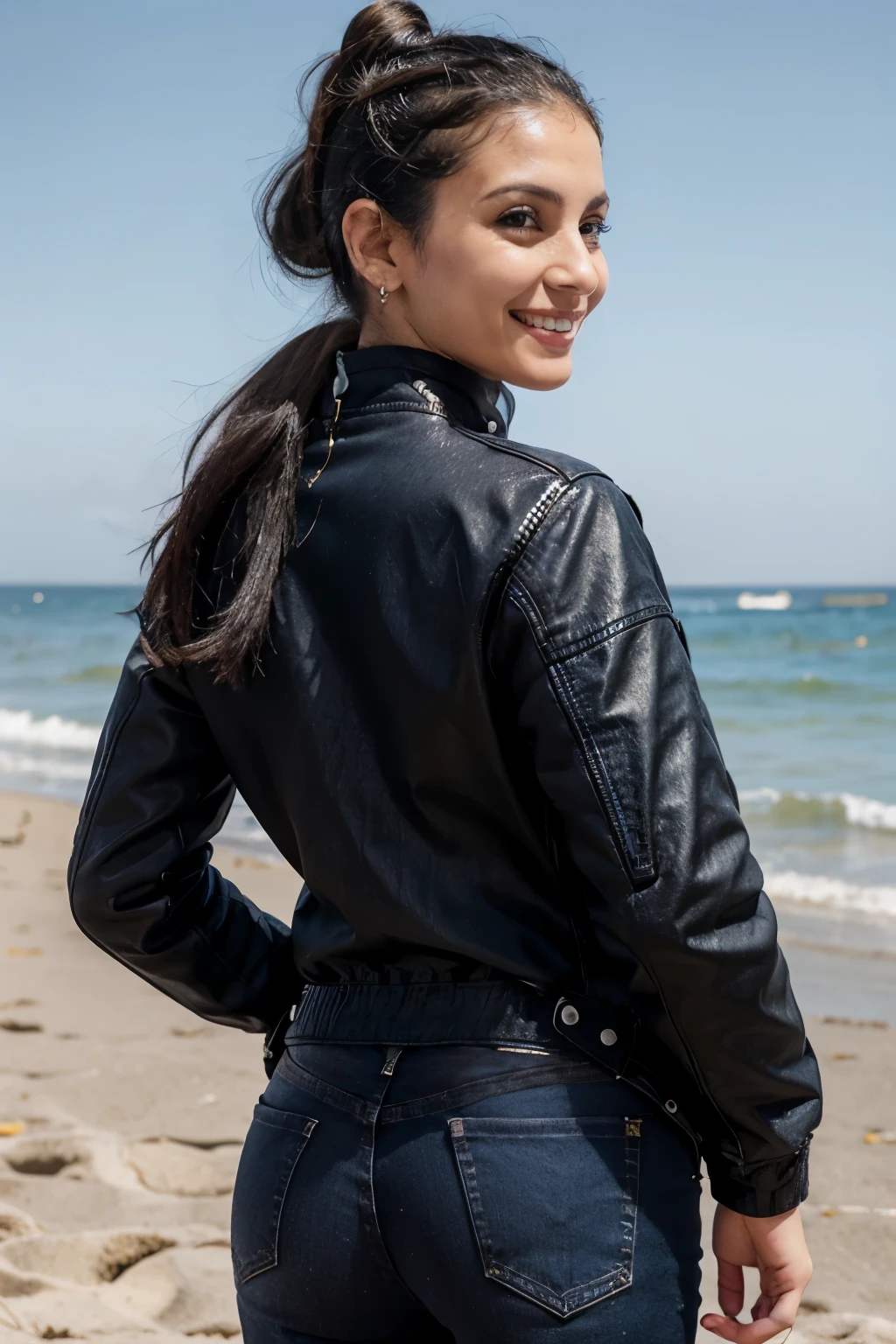 back view 35 year old white arabic girl wearing zipper up black biker jacket jacket and wide leg denim pants, closed jacket, top bun black hair, shy smile, walking on the sunny beach, full sweaty body, happy smile, braces, looking to the camera, arms up over head, looking to the camera