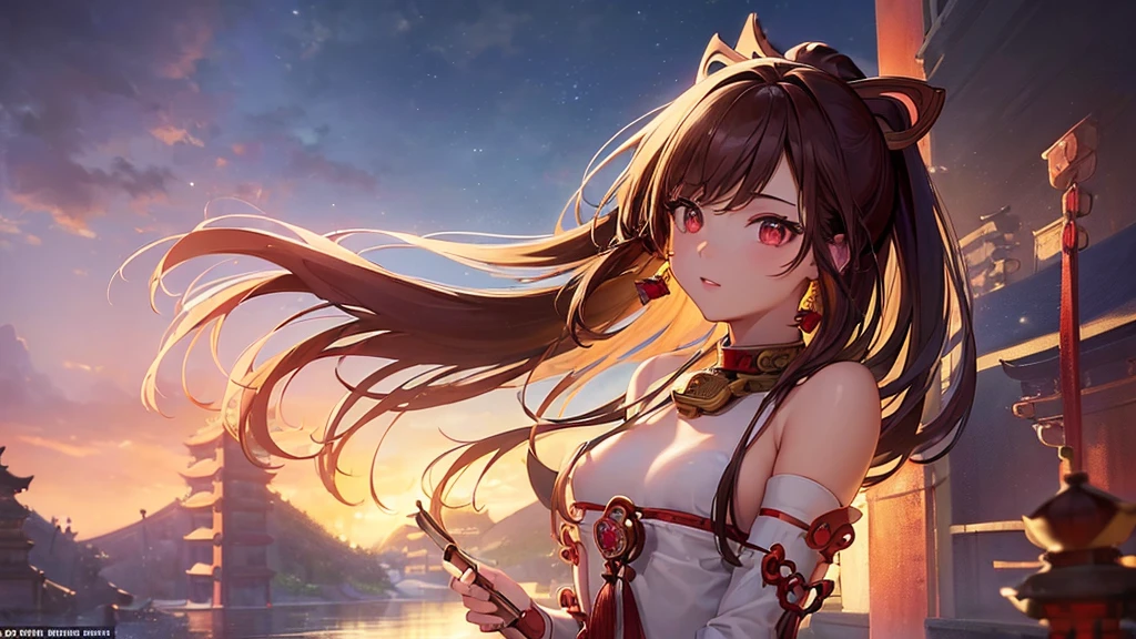 (Highest quality: 1.3, masterpiece: 1.3), Ultra HD, (One girl, alone), Atmospheric perspective, Detailed face, Upper Body, compensate, Pink Lips, Cleft lip, Glowing Skin, (Brown Hair), Super long hair, In front of an audience, Red eyes, Earrings, Small breasts, The body is slim, (White silk), (((((East Asian architecture, River side, Beautiful background))), Perfect lighting, (Front lighting), Physically Based Rendering,