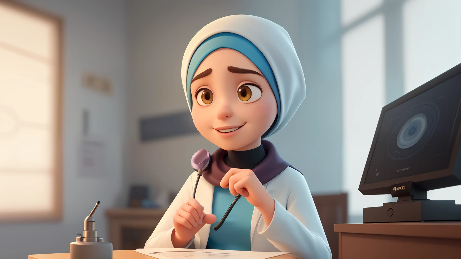 (Best quality,4K,8 k,High accuracy,Masterpiece:1.2),The doctor is with the girl, examining her and opening her mouth closely with her hand and feeling her pulse at the doctor for treatment, smiling, wearing a hijab and white Islamic clothing, with a stethoscope around her neck. ,Vibrant colours,downy, Natural lighting,Exceptional clarity and precision in Pixar style