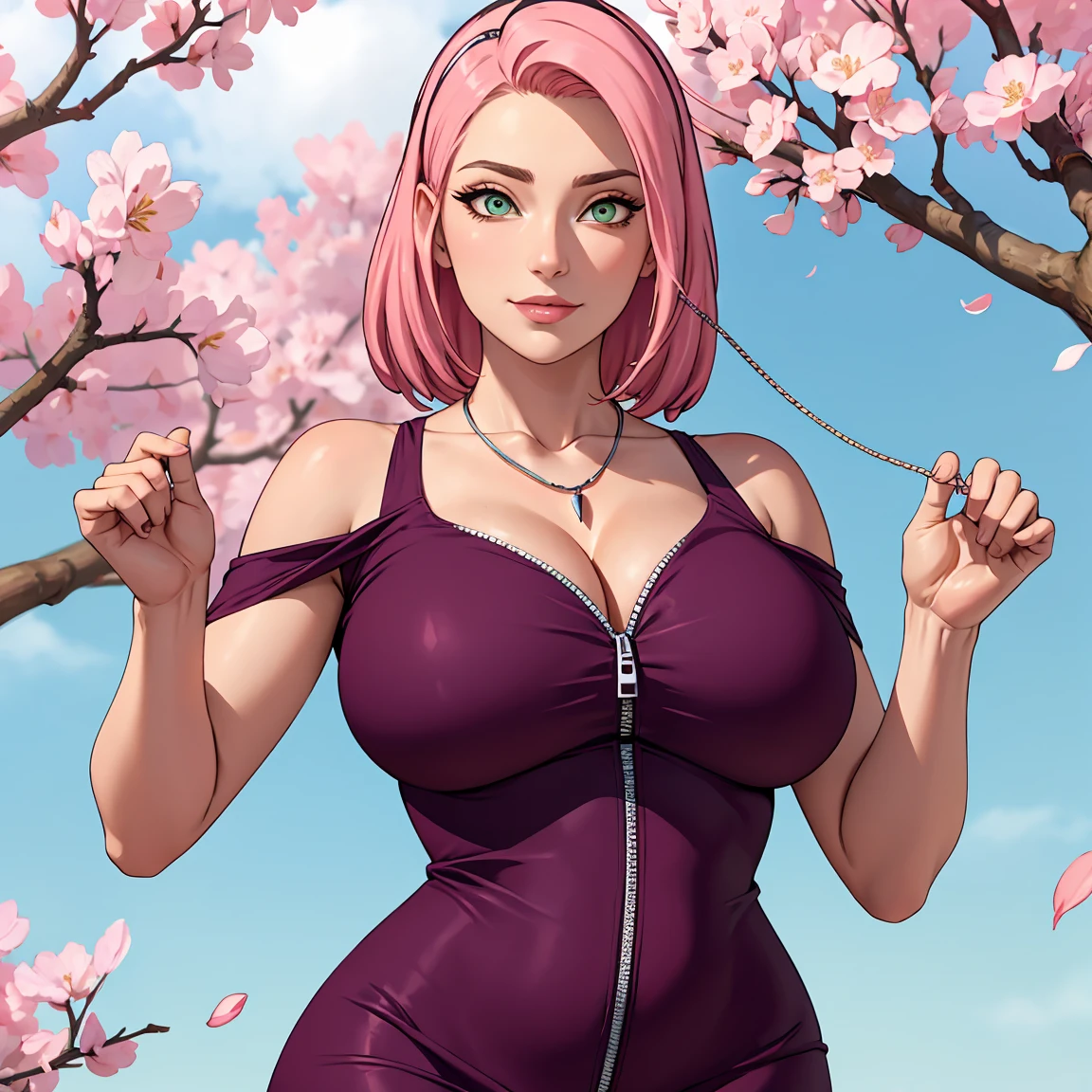 ((sexly então kate leopardo salto alto))(((vestido sexly ombro a ombro))), work of art, The best quality at the best, 1 , sakura haruno, (((breasts small))),((bared shoulders)),(((((neckleace))))),(close-up of the upper body),sexly,Is shy,ssmile,with pink hair, long whitish hair, (greeneyes:1.4), Forehead protection, the cherry trees,Cherry blossoms flying, ((((busty figure)))), :1.1, :1.1, ahegao:1.1,(huge big ),half zipper, showing her big breasts, gazing at viewer, gorgeous eyes, sexly seductive ssmile, Sensual Beauty, Alone , perfect