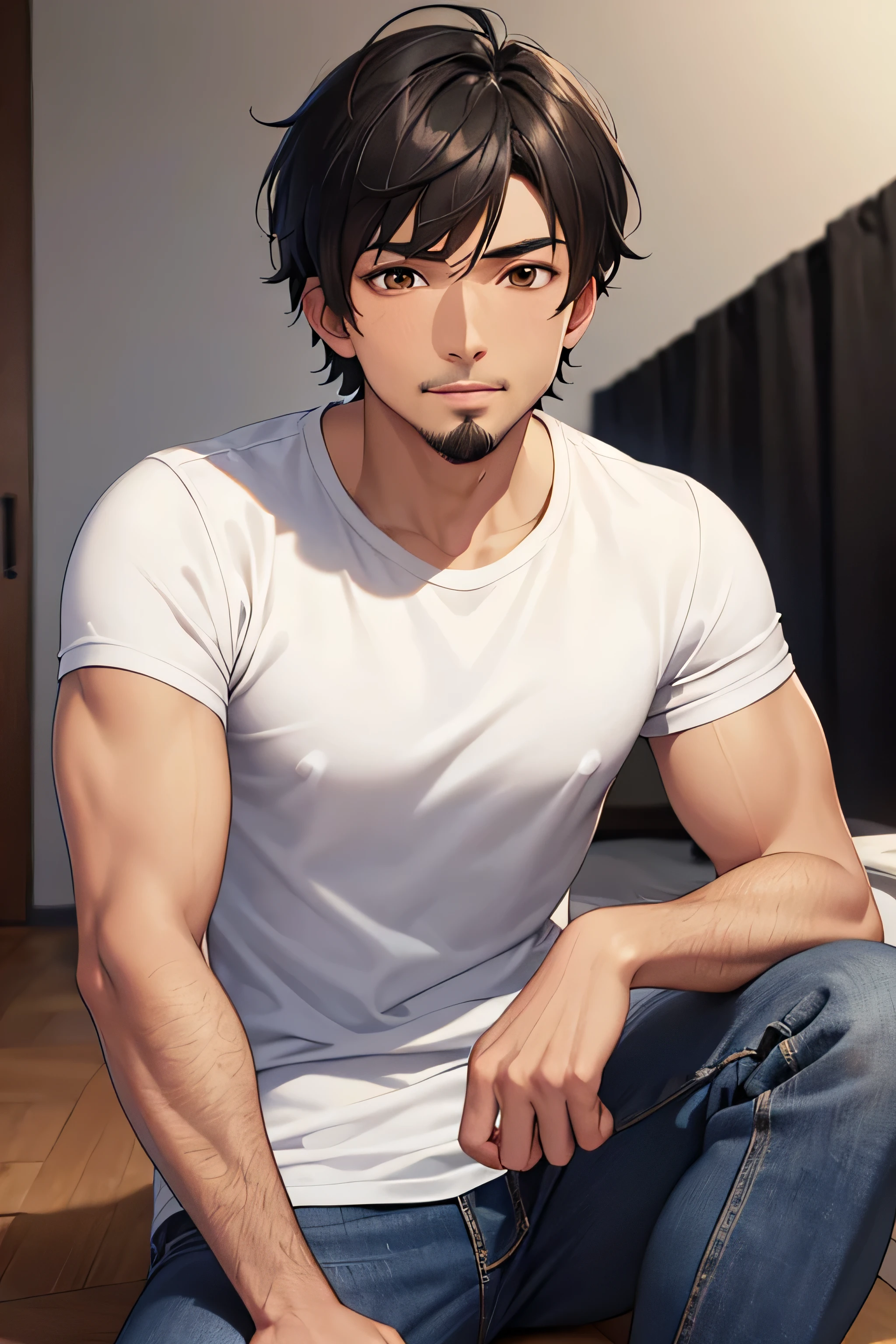 brown eyes, 8k, masterpiece, black hair, short hair, man, goatee, fit, t-shirt, jeans, handsome, asian, tan skin, , best quality, hi-res, hi-resolution, fit