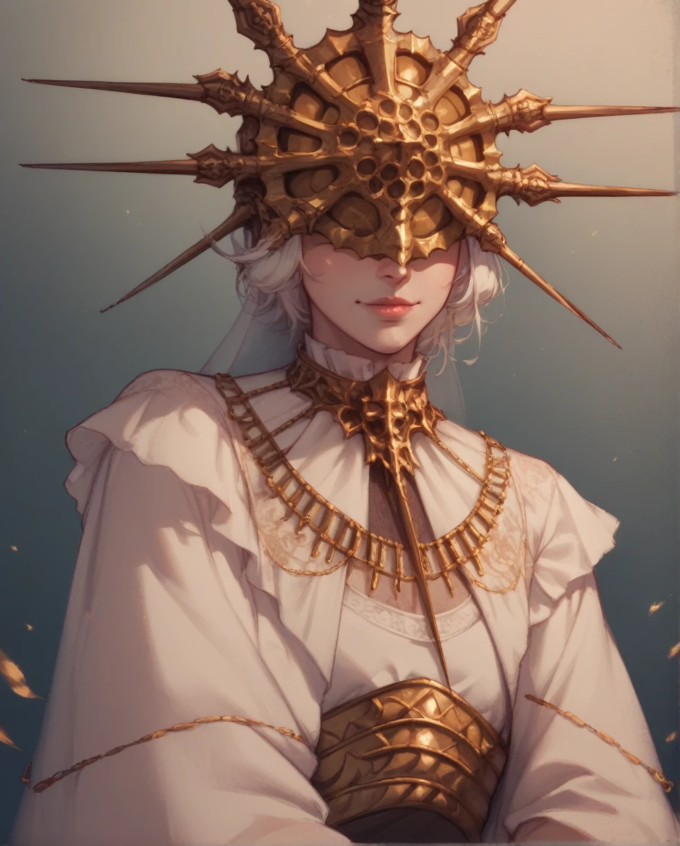 Gwyndolin,white hair,flat chest,gold mask,covered eyes,
gold jewelry,white dress,long sleeves,light smile,beautiful

