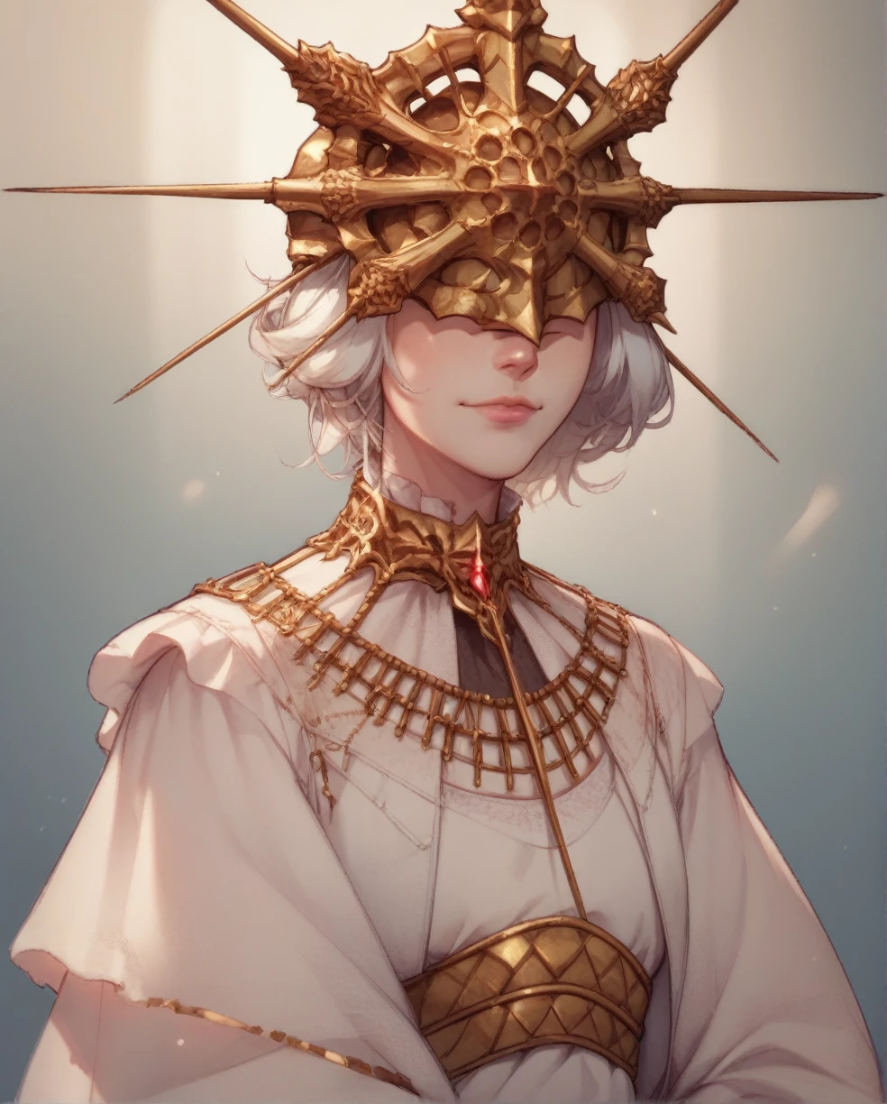 Gwyndolin,white hair,flat chest,gold mask,covered eyes,
gold jewelry,white dress,long sleeves,light smile,beautiful