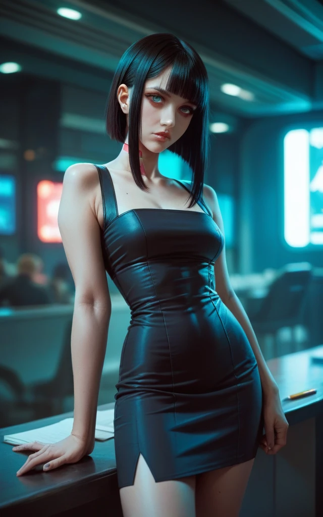 Lucy \(cyberpunk\), masterpiece, High detail, 8k, 1girl, hime cut, black hair, parted bangs, pencil dress, cyberpunk \(series\)