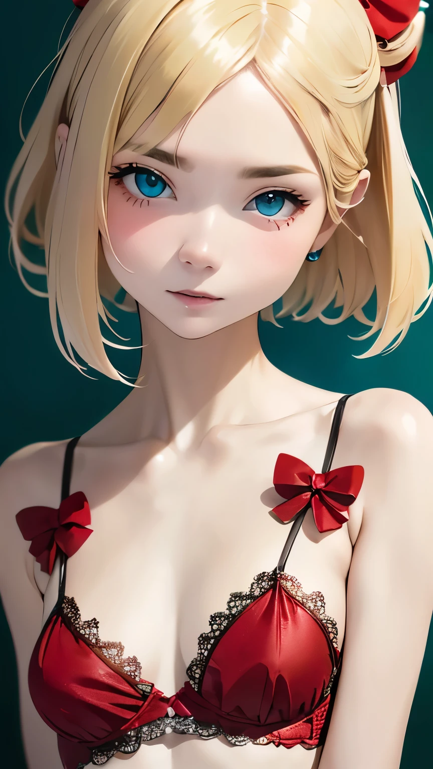 1 girl,Beautifully detailed face:1.3、Face close-up:1.6、The whole face fits in the frame:1.6、((She wears a big red bow in her hair like a French doll.....:1.6))、 ((Small breasts:1.7))、(A sheer camisole with a loose fit around the chest:1.7), ((I&#39;looking forward to it:1.6))、Pink Eyeshadow:1.6、((Looking into the camera:1.3))、Very beautiful Japanese idol portraits, 
(RAW Photos, Highest quality), (Realistic, Realistic:1.4), (masterpiece), 
Very delicate and beautiful, Very detailed, 2k wallpaper, wonderful, finely, Very detailed CG Unity 8K 壁紙, Very detailed, High resolution, Soft Light, 
Beautiful detailed girl, Very detailed目と顔, Beautiful and sophisticated nose, Big beautiful eyes, Cinema Lighting, 
(Simple and solid background:1.3),
(Blonde medium hair:1.5), (Parted bangs), 
Complete Anatomy, Slender body,とてもSmall breasts, Sensual look