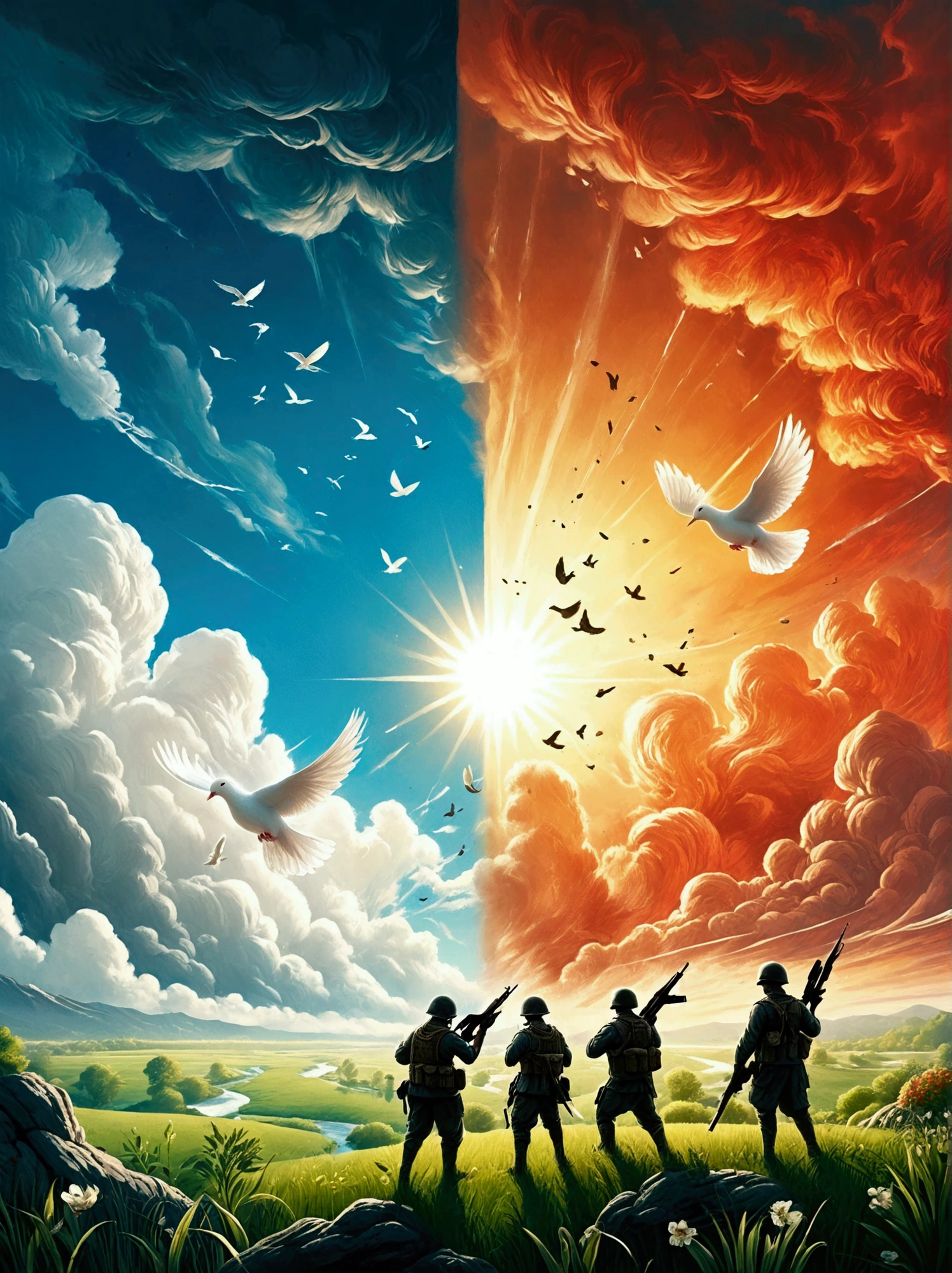 A balanced composition split into two halves, representing peace and war. On the left, illustrating peace: a calm, serene setting with doves flying against a clear blue sky. The backdrop contains lush green meadows and a pristine river flowing gently. On the right, illustrating war: the atmosphere is drastically different with a tumultuous, fiery landscape. There are silhouettes of soldiers with their weapons in the background, under a sky filled with smoke and distant explosions. Please render this in a realistic style.
