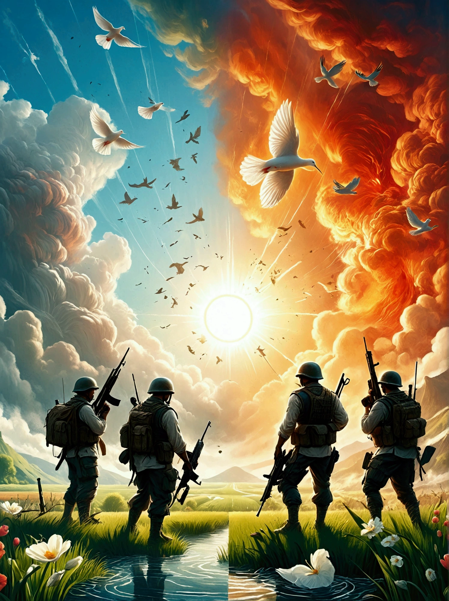 A balanced composition split into two halves, representing peace and war. On the left, illustrating peace: a calm, serene setting with doves flying against a clear blue sky. The backdrop contains lush green meadows and a pristine river flowing gently. On the right, illustrating war: the atmosphere is drastically different with a tumultuous, fiery landscape. There are silhouettes of soldiers with their weapons in the background, under a sky filled with smoke and distant explosions. Please render this in a realistic style.
