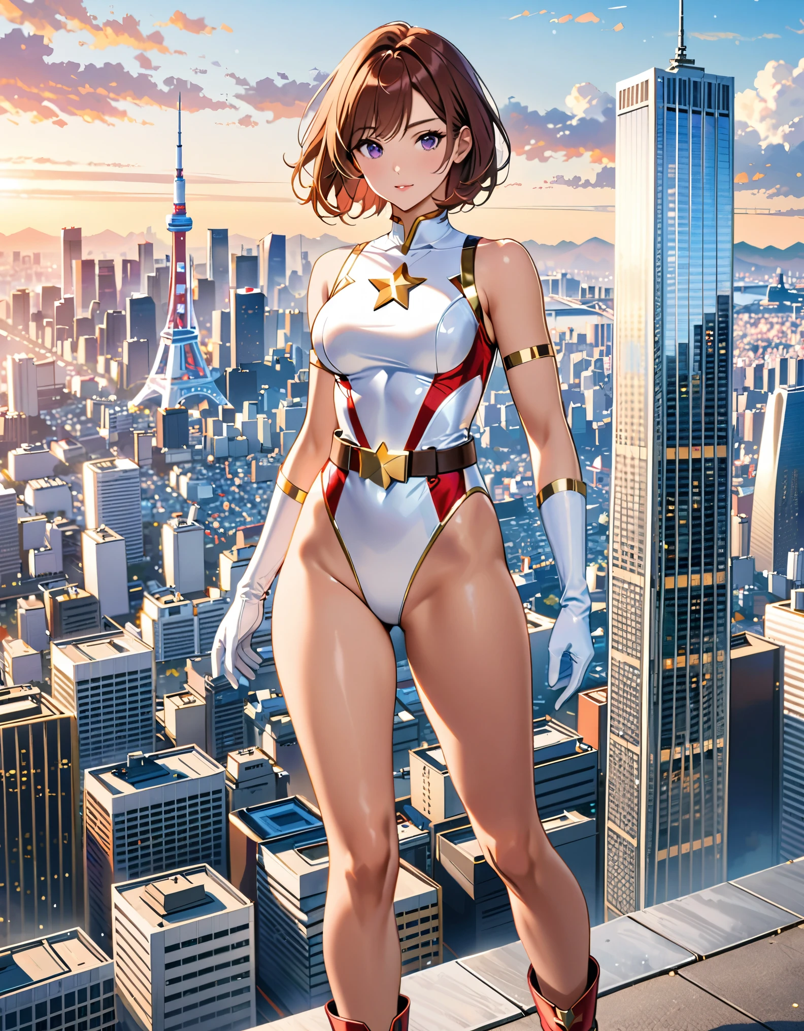 (masterpiece), (best quality), (high res), medium breasts, ((leotard, white and red leotard, matching leotard, sleeveless, bare legs)), ((tight belt, gold belt)), ((boots, matching boots, ankle-high boots, white boots)), ((gloves, white gloves)), city backdrop, tokyo city backdrop, solo, solo focus, hovering, (full body), cowboy shot, superhero, ((beautiful detailed eyes)), ((gold star symbol on chest)), (brown hair, medium hair, bob hair, purple eyes), (perfect hands, perfect anatomy), superhero, ((beautiful detailed eyes)), full body costume design.
