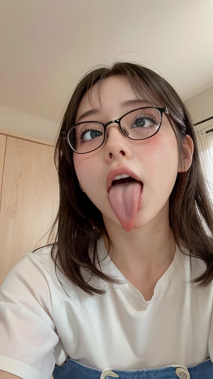 4K、Realistic depiction、Beautiful image quality、、beautiful girl、20-year-old、mouth、、主にmouthを大きく描きます、mouthを画面の主要部分として描画します、look up、大きく開いたmouth、tongue、長いtongue、tongueをmouthから出す、mouthの中が見える、mouthを開けて喉を見せてください、Throat is visible、mouthの中が見える、大きなtongue、綺麗なtongue、Seductive eyes、Looking up、Wearing glasses