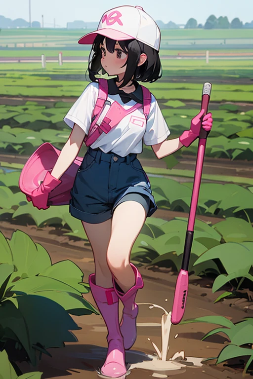 A black-haired elementary school girl wearing blue shorts, a white short-sleeved shirt, a baseball cap, and white rubber boots working in the fields wearing large pink rubber gloves