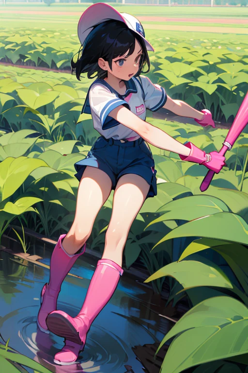 A black-haired elementary school girl wearing blue shorts, a white short-sleeved shirt, a baseball cap, and white rubber boots working in the fields wearing large pink rubber gloves