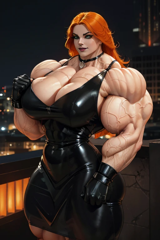 ((Close-up)), tall, (orange hair) beautiful muscular woman, long shaggy hair, pale white skinned, closed smile, large breast, (black lipstick), (massive muscles), (hyper muscle), ((ginormous bulky muscles)), green eyes, (((latex black dress))), latex bracelets, choker, boots, on the rooftop at night, (flexing)