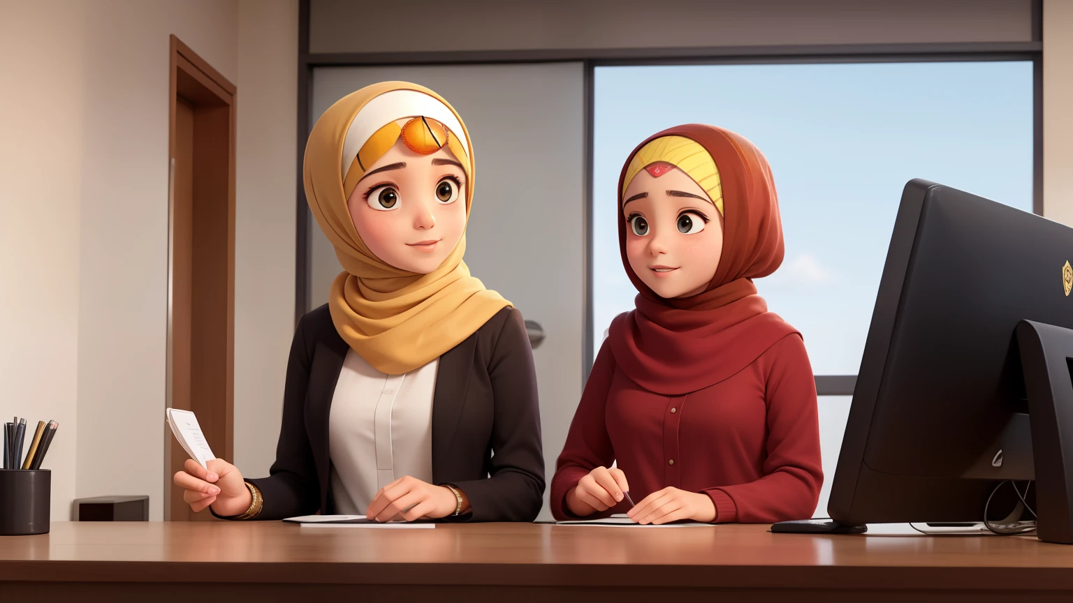 a Muslim girl with hijab, talking to a receptionist, the two person must appear in the scene