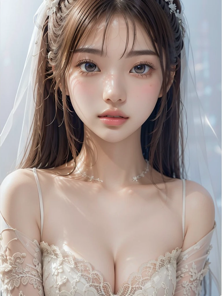 8k,Confused, High resolution, Very detailed, 1 girl, alone, Very beautiful eyes, Ultra-precise depiction, Very detailed depiction, (Tangled:1.2), , (White high key background:1.5), (Lace Wedding Dress:1.2), See through、Off the shoulder、Short platinum blonde, (Glowing Skin), Many colors, , (Shooting from above:1.2),、Flat Body、slim、cute、、Round face、Cast a Shadow、See through、