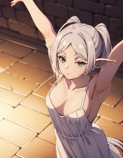 (best quality, Artwork),sexually,  erotic, 18+, NSFW, 1 girl, 18 years old, scorn, pride, long silver hair,glare eyes, ((standing)), (((stretching))), ((greeneyes)), ((two ponytails)), white gown, (((From  above))), mike , with elf ears 