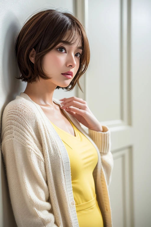 Stylish spring clothes、Fluffy hair、(背景にWhite wall、Yellow cardigan:1.4)、White wall、In front of the white door、(窓のあるWhite wallの部屋)、((Highest quality、8k、masterpiece:1.3))、Ultra-high resolution、(photoGenuineistic:1.4)、RAW Photos、Japanese,(detailed aspects)、Genuine、Photographed in natural light、Highly detailed face and skin texture、Highly detailed lips、The correct state of the human body、short hair、Brown Hair、Various poses、short hair、Shortcuts、Natural color lip、Pixie Cut、非常にshort hair、profile、Look to the side
