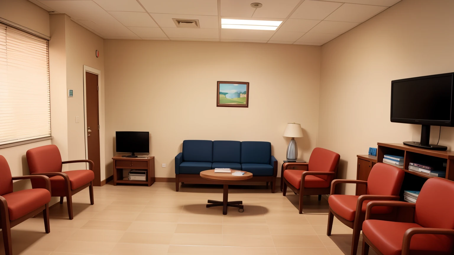 docor's waiting room is clean and comfortable. There are chairs, magazines, and a television.