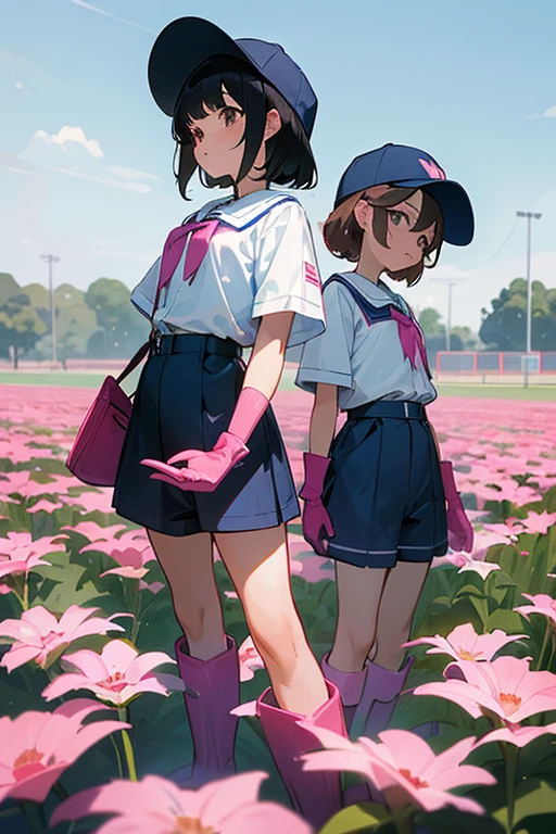 A pair of black-haired elementary school girls wearing blue shorts, white short-sleeved shirts and baseball caps are working in the fields wearing large pink rubber gloves and white rubber boots.